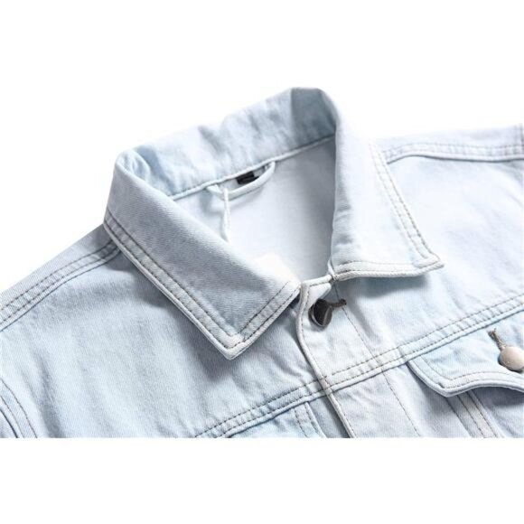 Light Wash Distressed Jean Jacket Ripped Acid Wash Slim Denim Trucker Jacket - Picture 4 of 8